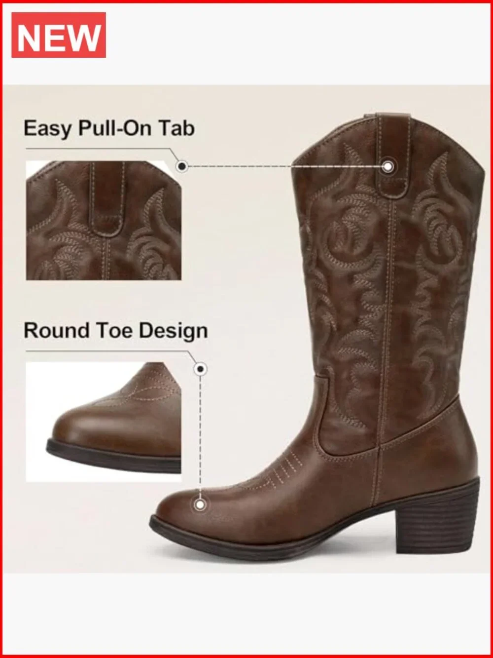 Women's Cowboy Boots Western Cowgirl Round Toe Mid Calf Pull On - Picture 4 of 7